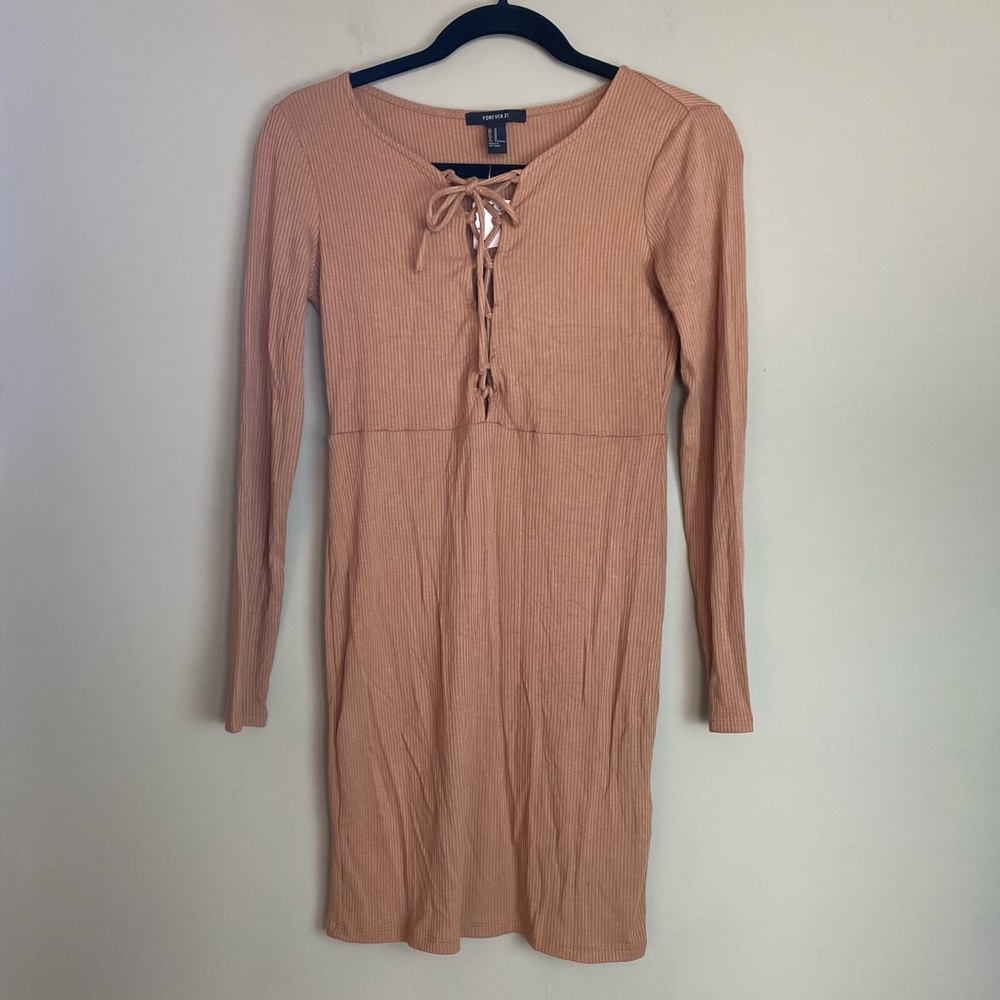 F21 tie front long sleeve mini dress in camel NWT